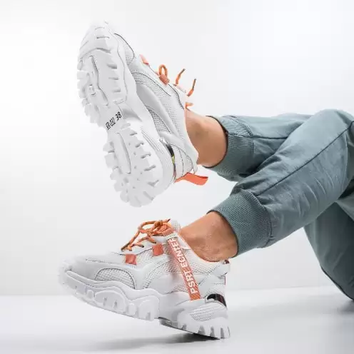 Adidasi dama albi cu portocaliu cu talpa groasa si elemente fashion 