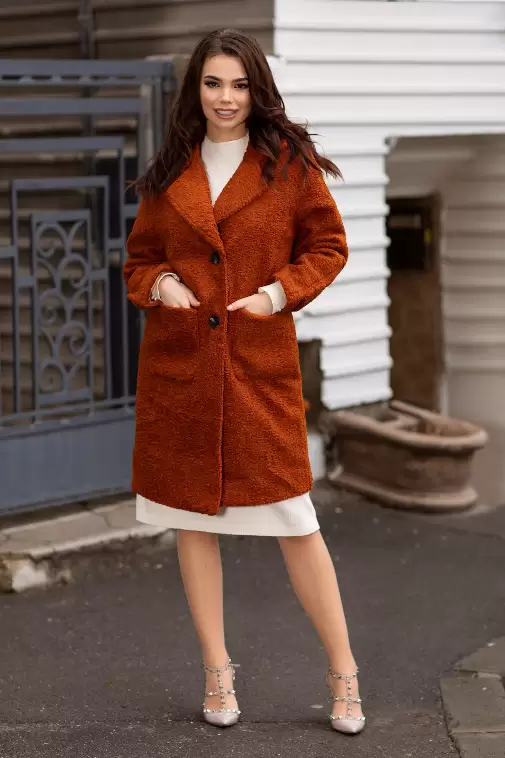 Palton caramiziu lung de dama din imitatie de lana pentru iarna