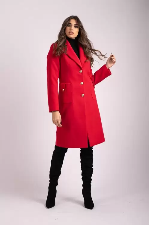 Palton dama de iarna elegant rosu cu buzunare maxi
