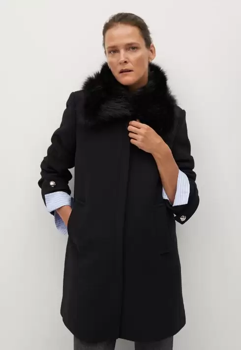Palton dama negru din amestec de lana cu blana sintetica  