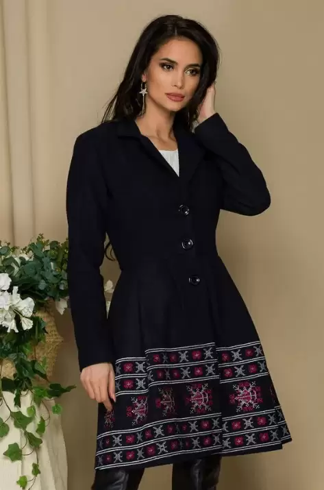  Palton elegant la moda bleumarin cu broderie traditionala rosie cu gri