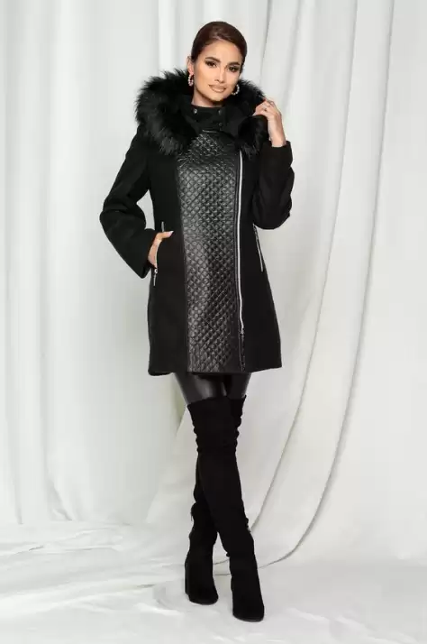  Palton dama elegant negru cu fermoar lateral si blanita