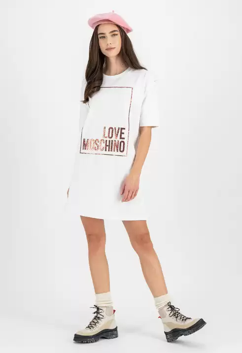 Love Moschino - Rochie tip tricou alba cu imprimeu logo stralucitor 
