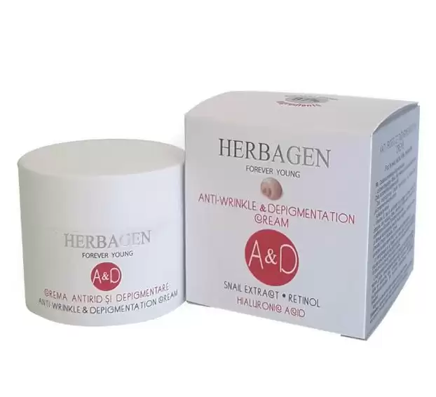  Crema Antirid si Depigmentare cu Extract din Melc, Retinol si Acid Hialuronic Herbagen, 50g 