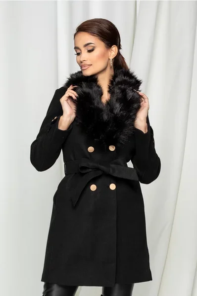  Palton dama deosebit negru cu cordon si blanita